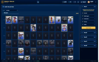 The card collection, with cards still to find shown locked