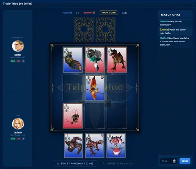 A match in progress, with cards on the board and match chat beside it